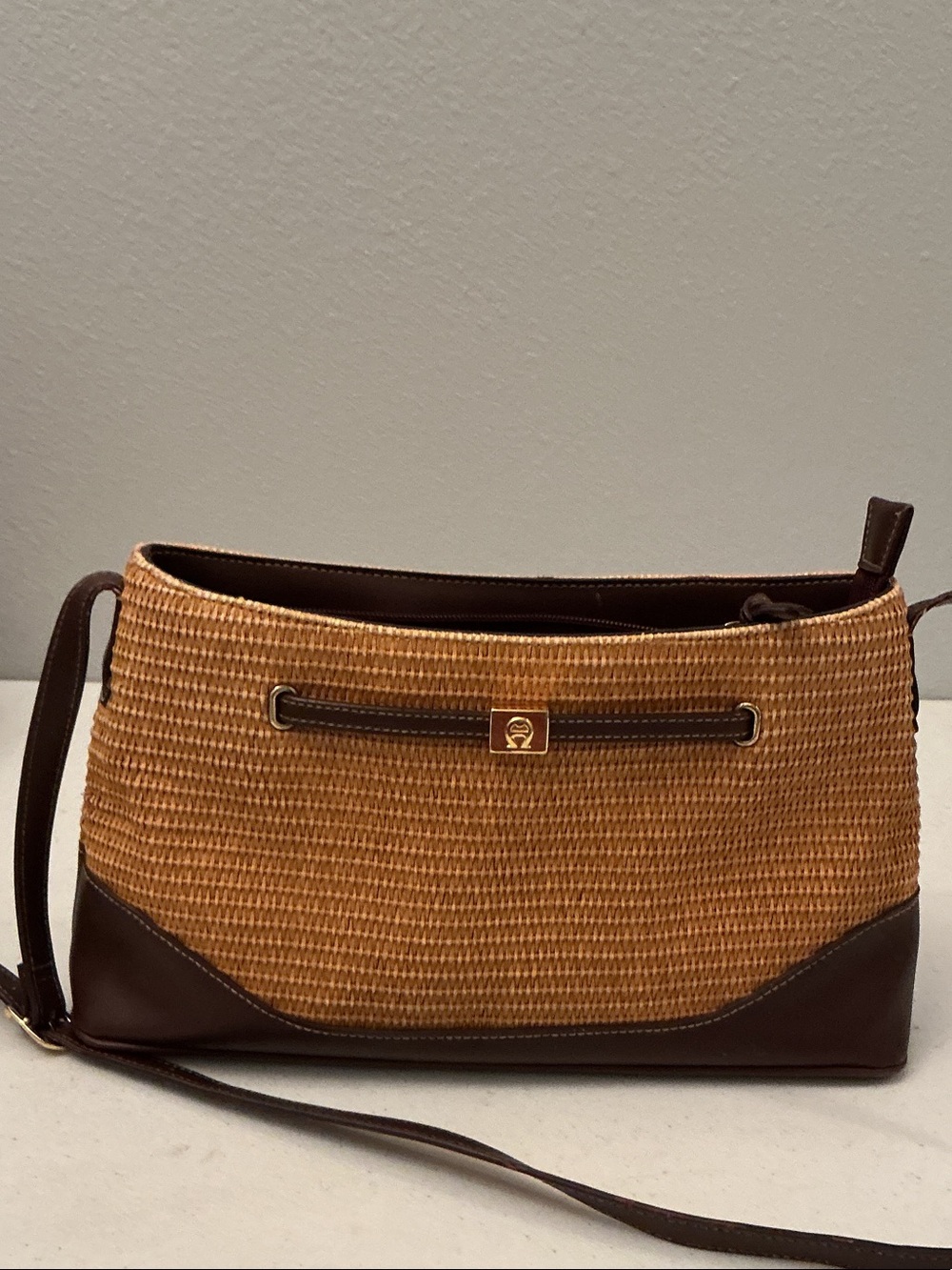 Etienne Aigner Tan Straw with Dark Brown Leather Trim Shoulder Bag
